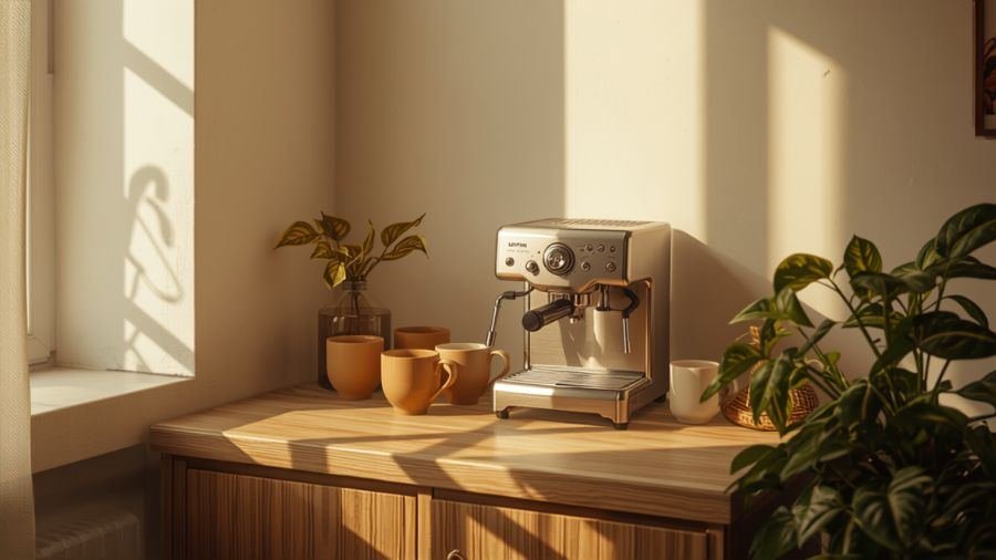 A cozy sunlit home coffee bar corner with an espresso machine, mugs, and plants